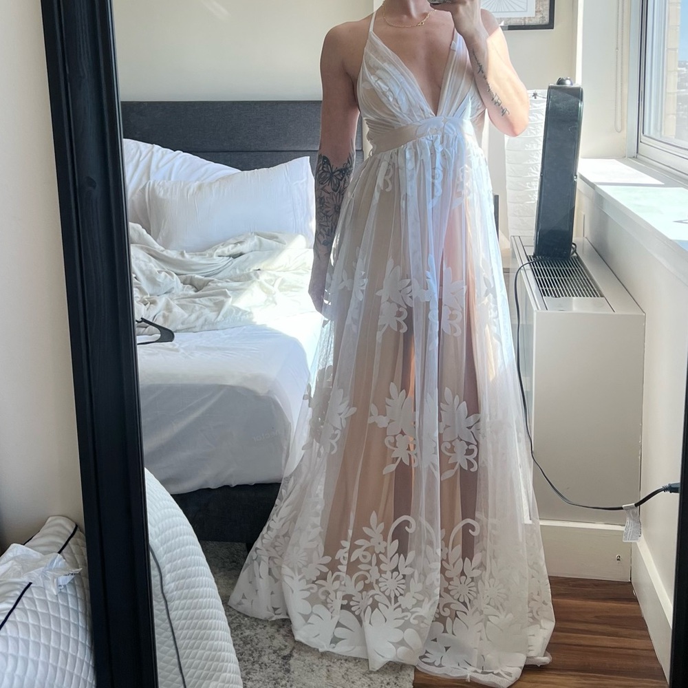 Elegant White Sheer Floral Maxi Dress
